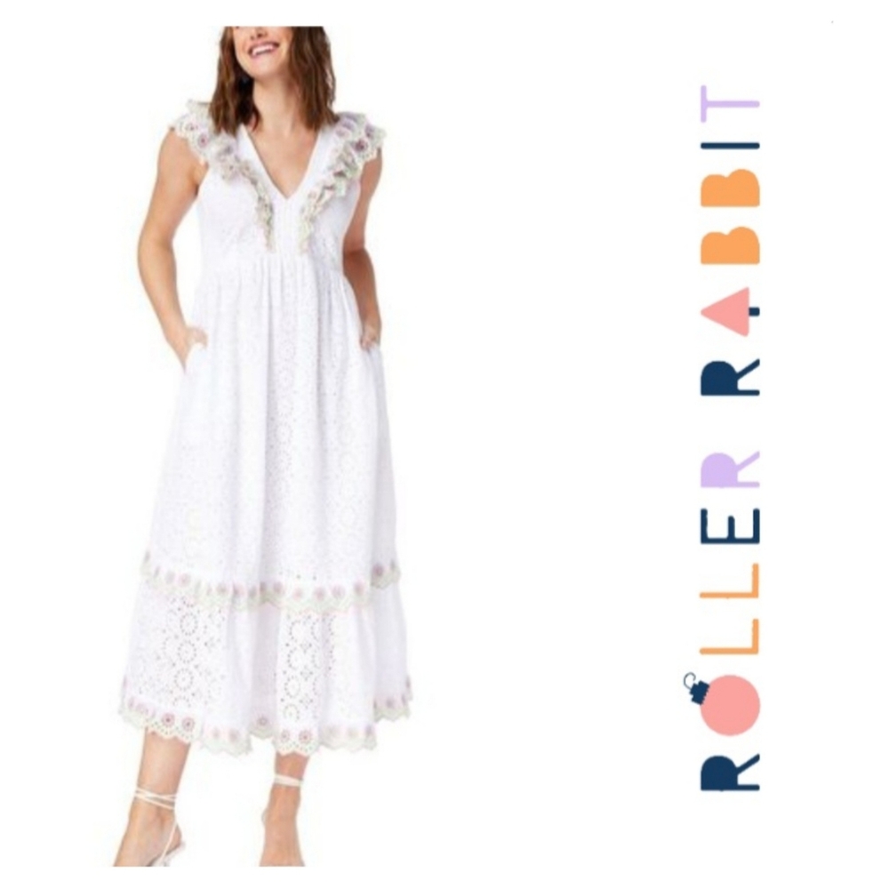 Roberta Roller Rabbit Pastel White Eyelet Ondine Midi Dress Size Small NEW NWT